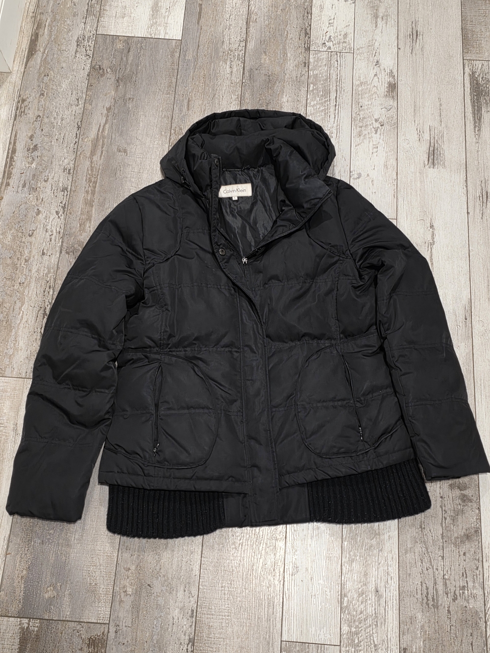 (L) Women's Calvin Klein Winter Puffer Coat Full Zip & Button Jet Black Jacket